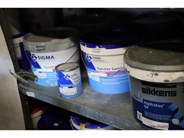 Partij verf bestaande uit o.a. ppg sigmatex binnenmuurverf superlatex, murfill renovatie verf, sigma zinccoat, global paint spacfinish & sikkens alpatex sf matte muurverf - afbeelding 5 van  10