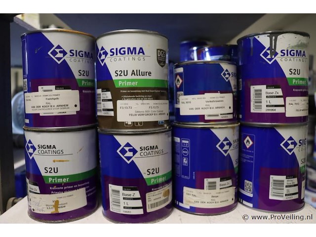 Partij verf bestaande uit o.a. sigma primer, ppg s2u grondverf allure, veveo rain guard, urethan primer 4s & sikkens rubbol primer - afbeelding 2 van  24