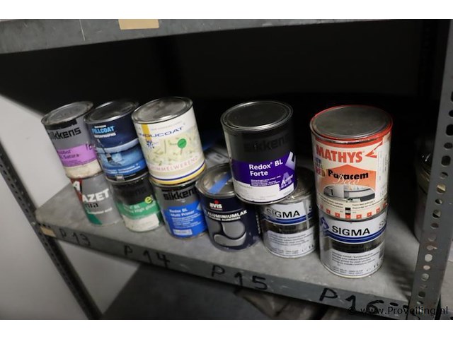 Partij verf bestaande uit o.a. sigma s2u nova grondverf, sikkens bl rezisto primer, veveo aqua titani zijdeglans, wijzonol wijzo chips-coll & global paint pu top satin - afbeelding 6 van  16