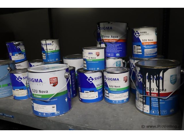 Partij verf bestaande uit o.a. sigma s2u nova grondverf, sikkens bl rezisto primer, veveo aqua titani zijdeglans, wijzonol wijzo chips-coll & global paint pu top satin - afbeelding 16 van  16
