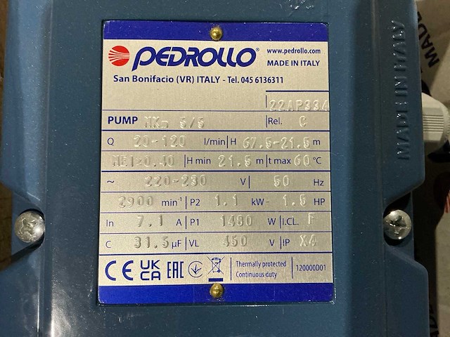 Pedrollo mk 5/5 22ap334 centrifugeraal waterpomp - afbeelding 6 van  6