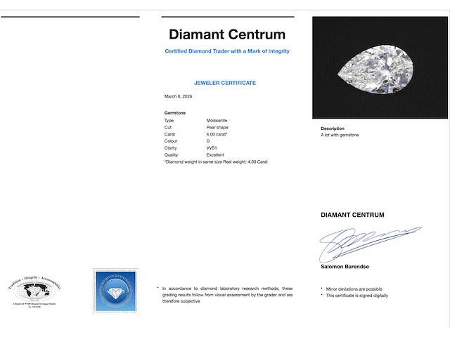 Peer vorm briljant van 4.00 carat (gecertificeerd) - afbeelding 3 van  5