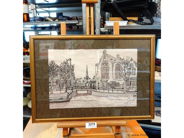 Pentekening van een historisch wintergezicht op het singel in amsterdam met rechts de monumentale oude lutherse kerk - afbeelding 1 van  5