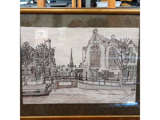 Pentekening van een historisch wintergezicht op het singel in amsterdam met rechts de monumentale oude lutherse kerk - afbeelding 2 van  5