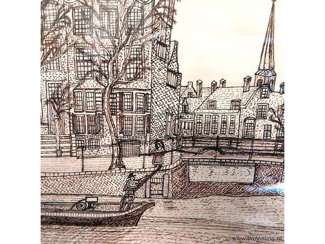 Pentekening van een historisch wintergezicht op het singel in amsterdam met rechts de monumentale oude lutherse kerk - afbeelding 3 van  5
