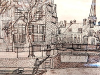 Pentekening van een historisch wintergezicht op het singel in amsterdam met rechts de monumentale oude lutherse kerk - afbeelding 3 van  5