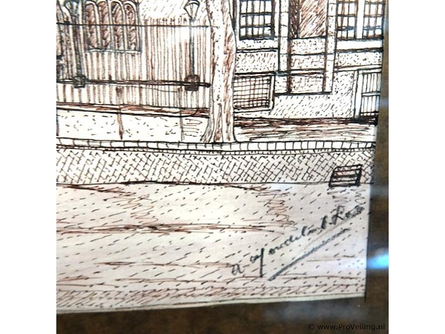 Pentekening van een historisch wintergezicht op het singel in amsterdam met rechts de monumentale oude lutherse kerk - afbeelding 4 van  5