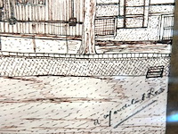 Pentekening van een historisch wintergezicht op het singel in amsterdam met rechts de monumentale oude lutherse kerk - afbeelding 4 van  5