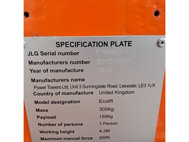 Personenlift 4,2m manueel jlg, power towers ecolift, bouwjaar 2020 - afbeelding 5 van  18