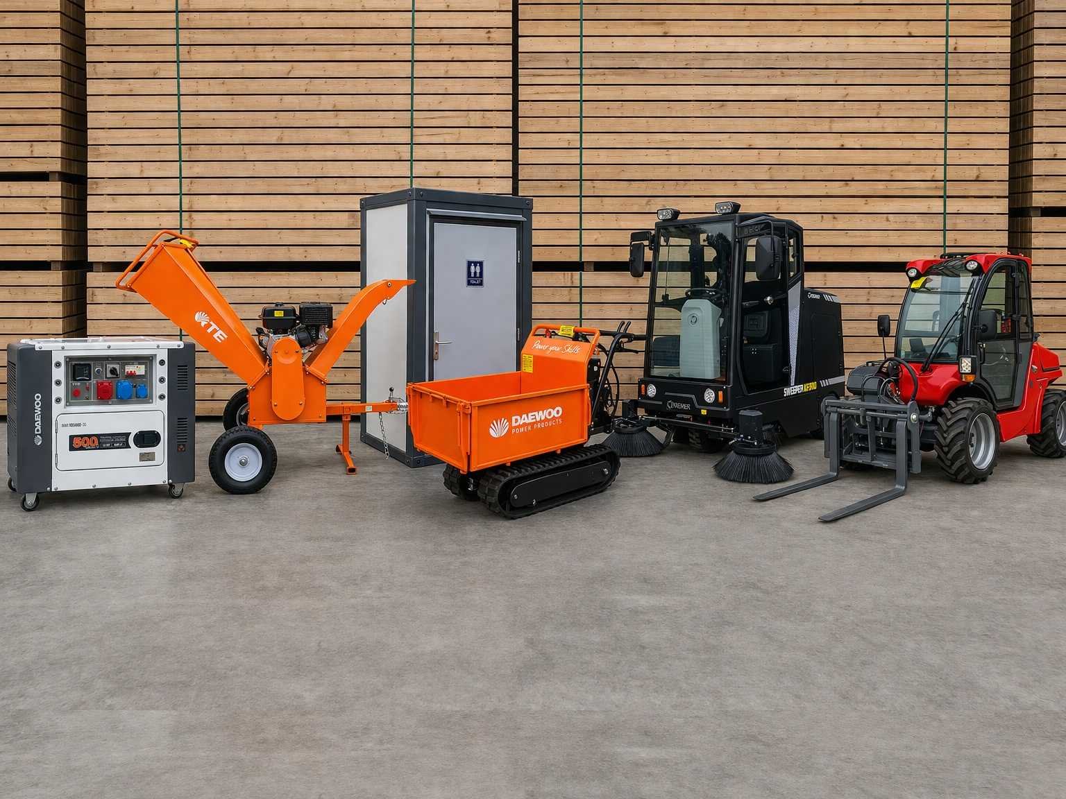 Plaatmaterialen, dakleer, units, machines, gereedschappen en rolcontainers