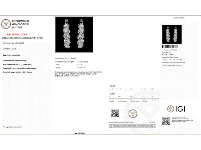 Platina oorringen met 5,01 crt. diamant - afbeelding 2 van  7