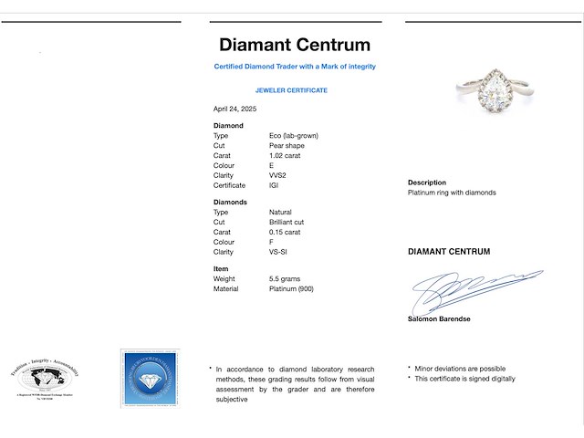 Platina ring met een grote peer geslepen diamant van 1.02 carat en natuurlijke briljanten - afbeelding 3 van  9