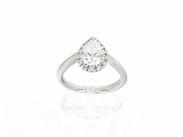 Platina ring met een grote peer geslepen diamant van 1.02 carat en natuurlijke briljanten - afbeelding 6 van  9