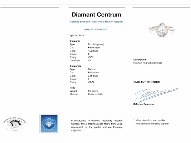 Platina ring peer diamant 1.02 ct briljant - afbeelding 3 van  9