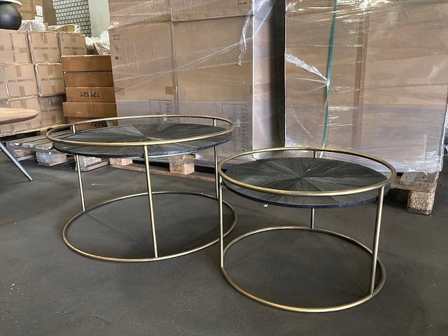 Ptmd carry black wood salontafel, rond, met gouden frame set van 2 - afbeelding 1 van  5
