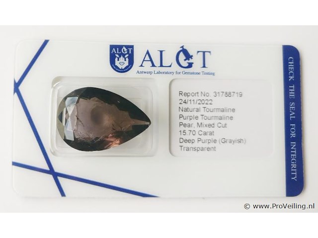 Purple tourmaline 15.70ct algt certified - afbeelding 2 van  4