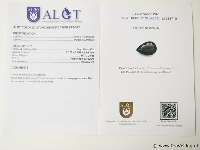 Purple tourmaline 15.70ct algt certified - afbeelding 4 van  4