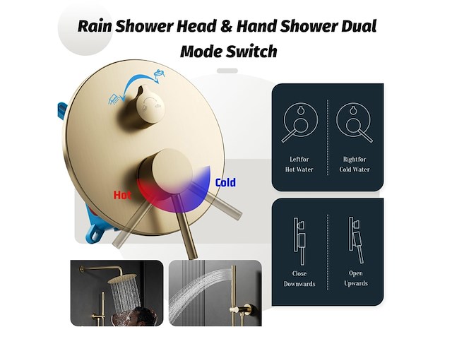 Qrezaa douchekraanset met regendouche handdouche goud geborsteld - afbeelding 2 van  5