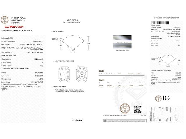 Radiant geslepen diamant 6.19 carat gecertificeerd - afbeelding 3 van  4