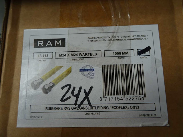 Ram - m24 x m24 wartels - buigbare rvs gasaansluitleiding 1000mm (24x) - afbeelding 2 van  2