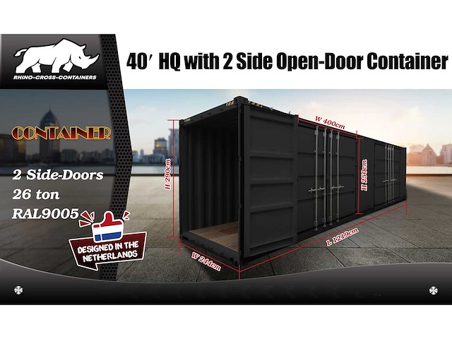 Rcc 40ft high cube zwart - zeecontainer met 2 zijdeuren - afbeelding 11 van  16