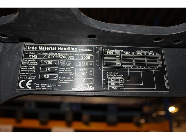 Reachtruck linde r14s. bouwjaar 2009. hefhoogte 669,5 cm. heflast 1400 kg. doorrijhoogte 293 cm. afgelezen ... - afbeelding 4 van  7