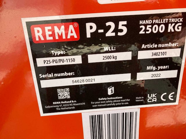 Rema - 2022 - p25-pu - hand hydraulische palletwagen - afbeelding 3 van  3