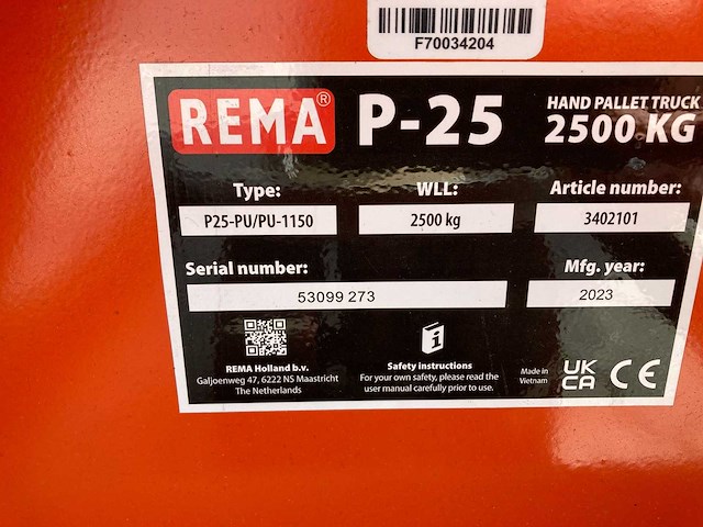 Rema - 2023 - p25-pu - palletwagen 2500kg - afbeelding 2 van  2