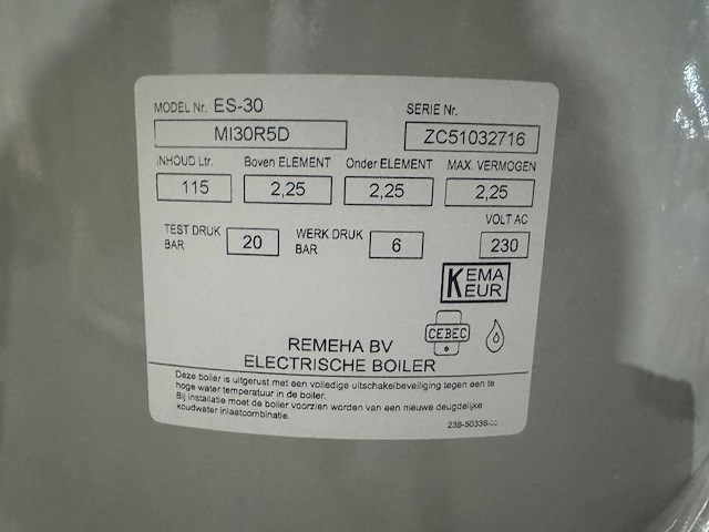 Remeha - sentry es30, 115 liter - elektrische boiler (demo) - afbeelding 3 van  3
