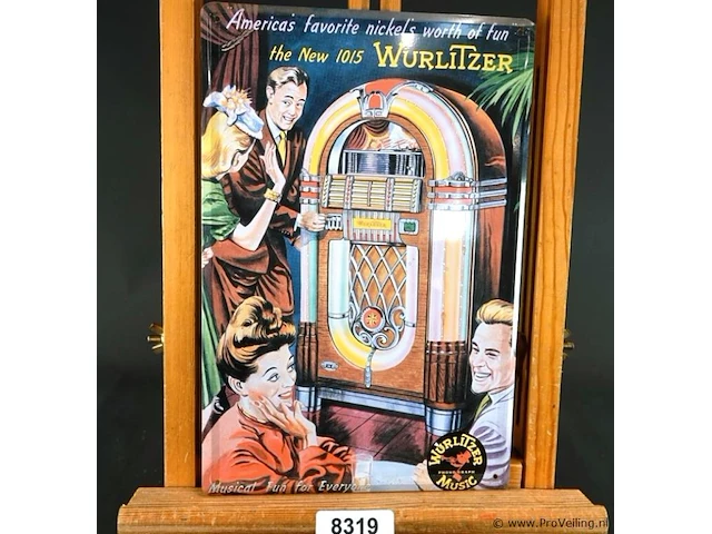 Retro metalen wandbord met een afbeelding van de klassieke wurlitzer 1015 jukebox - afbeelding 1 van  5