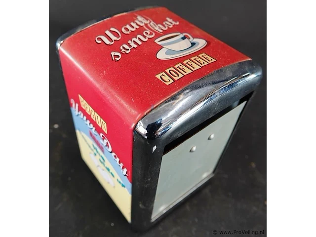 Retro servettendispenser met een jaren 50-stijl en een opdruk met eieren en de tekst "begin your day the sunny side up" - afbeelding 2 van  6