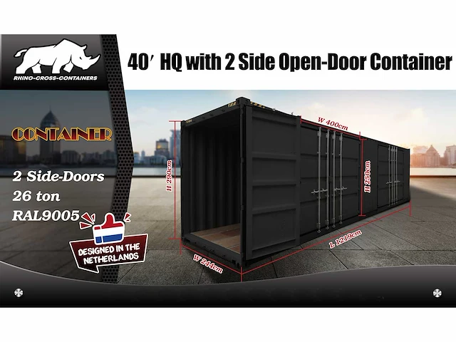 Rhino-cross-containers - 40ft high cube zwart - zeecontainer met 2 zijdeuren - 2025 - afbeelding 2 van  4