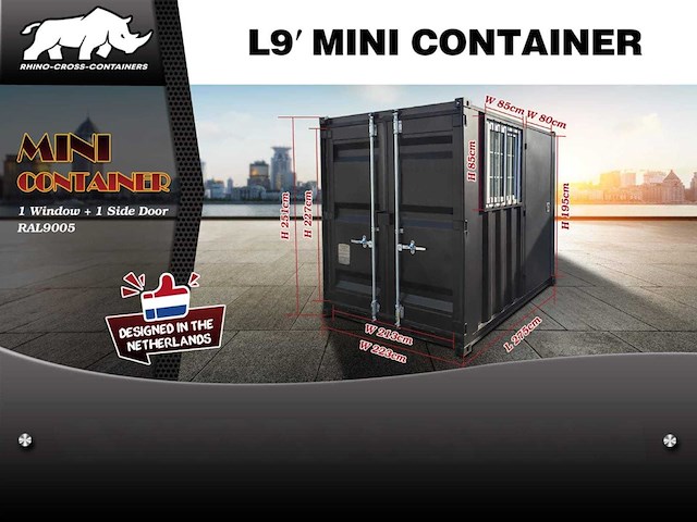 Rhino-cross-containers 9ft mini container met deur en raam - afbeelding 1 van  3