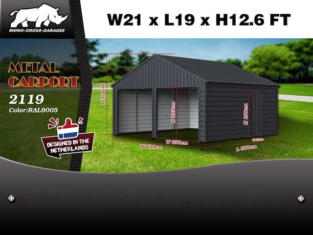 Rhino-cross-garages 2119 5,8x6,3x3,76 m zwart garage/loods compleet met wand- en dakpanelen - afbeelding 2 van  3