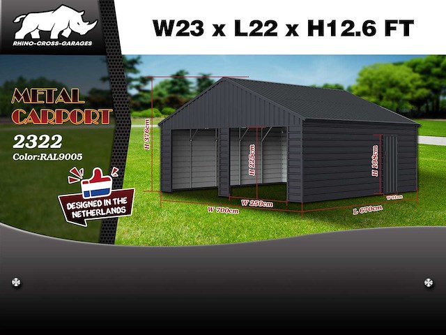 Rhino-cross-garages 2322 6,7x7x3,76 m zwart garage/loods compleet met wand- en dakpanelen - afbeelding 2 van  2