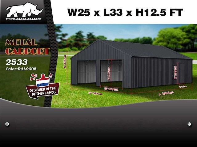 Rhino-cross-garages 2533 10x7,6x3,76 m zwart garage/loods compleet met wand- en dakpanelen - afbeelding 2 van  2