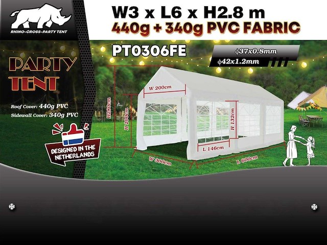 Rhino-cross-party tent pt0306fe 6x3x2.8m partytent - afbeelding 8 van  8