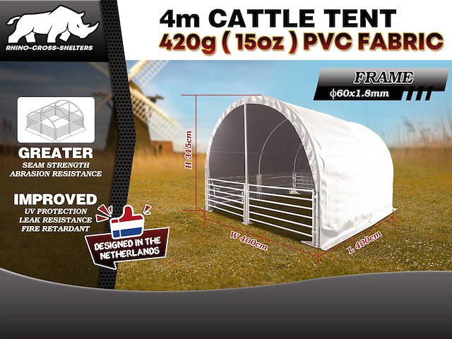 Rhino-cross-shelter - 4m cattle tent - 4x4x3,15 meter - dieren shelter / weidetent wit - afbeelding 2 van  3