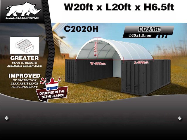 Rhino-cross-shelter c2020h - 6x6x2 m met eindzeil - opslagcontainer - afbeelding 3 van  3