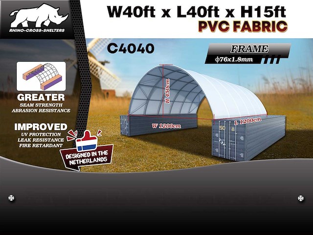 Rhino-cross-shelter c4040 - 12x12x4,5 m opslagtent / opslagshelter tussen 2 containers - afbeelding 1 van  1