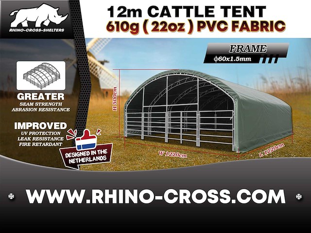 Rhino-cross-shelters cattle tent 12,2x12,2x5 m dierenverblijf - afbeelding 4 van  6