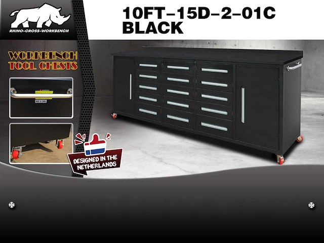 Rhino-cross-workbench 10ft-15d-2-01c zwart werkbank 15 lades 2 deuren - afbeelding 1 van  1