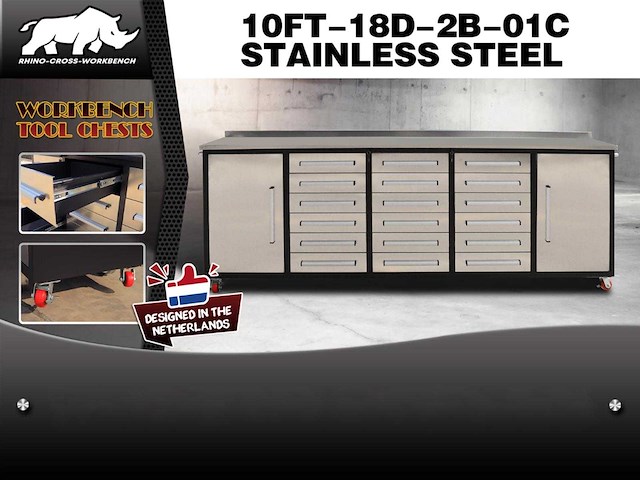 Rhino-cross-workbench 10ft-18d-2b-01c rvs werkbanken 18 lades 2 deuren - afbeelding 1 van  1