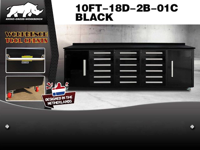 Rhino-cross-workbench 10ft-18d-2b-01c zwart werkbank 18 lades 2 deuren - afbeelding 1 van  1