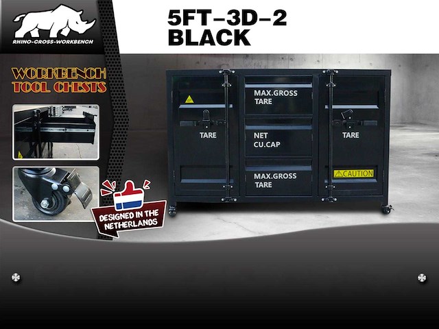 Rhino-cross-workbench 5ft-3d-2 zwart werkbank 3 lades 2 deuren - afbeelding 1 van  1