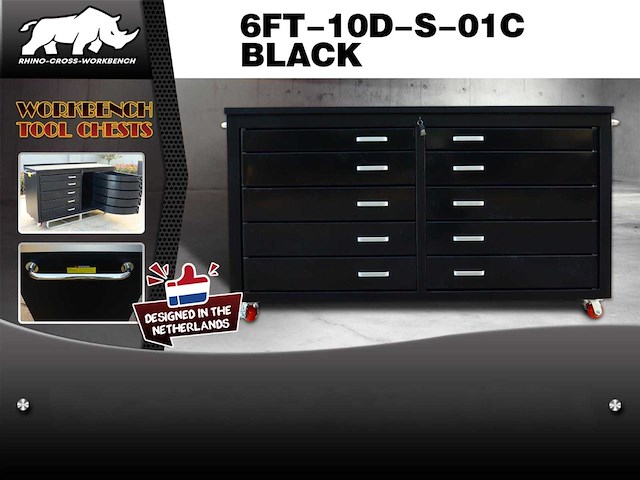 Rhino-cross-workbench 6ft-10d-s-01c zwart werkbank 10 lades - afbeelding 1 van  1