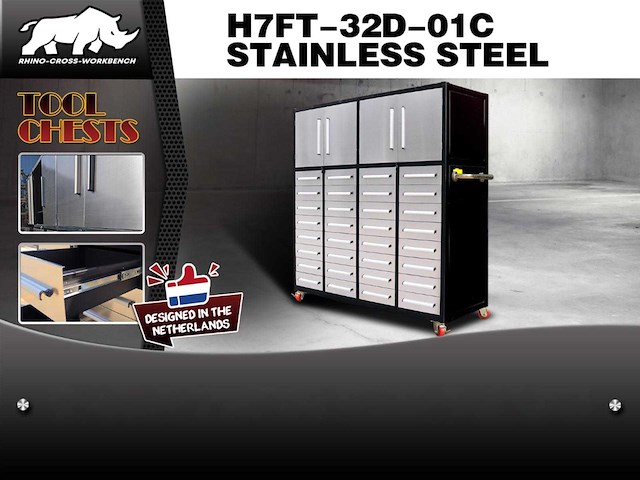 Rhino-cross-workbench h7ft-32d-01c rvs werkbank 32 lades 4 deuren - afbeelding 1 van  1