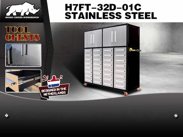 Rhino-cross-workbench h7ft-32d-01c rvs werkbank 32 lades 4 deuren - afbeelding 2 van  2