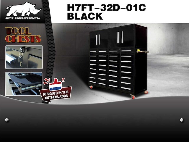 Rhino-cross-workbench h7ft-32d-01c zwart werkbank 32 lades 4 deuren - afbeelding 1 van  1