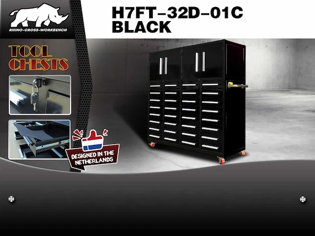 Rhino-cross-workbench h7ft-32d-01c zwart werkbank 32 lades 4 deuren - afbeelding 2 van  2